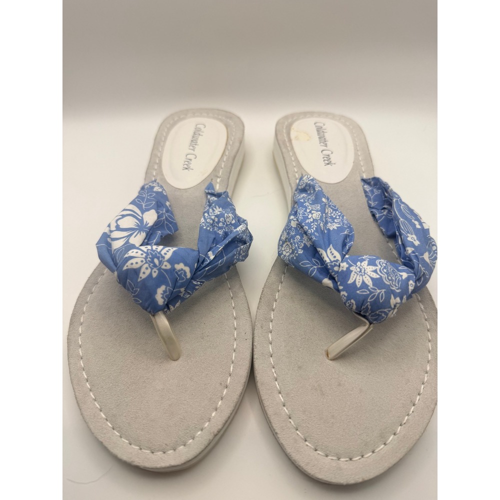 Coldwater Creek‎ Women's Size 9 Flip Flop Sandals Blue Floral Fabric Thong Wedge